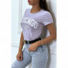 T-shirt lilas en coton avec écriture CHICAGO. T-shirt femme