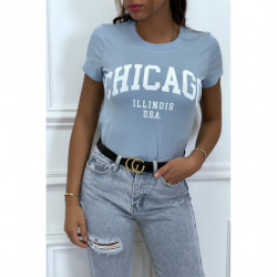 T-shirt turquoise en coton avec écriture CHICAGO. T-shirt femme