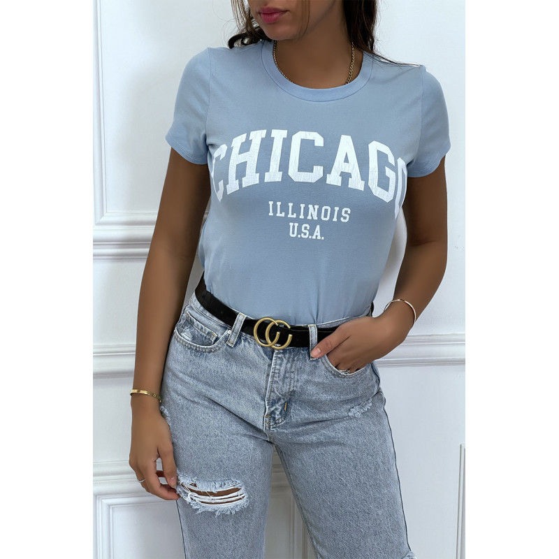 T-shirt turquoise en coton avec écriture CHICAGO. T-shirt femme