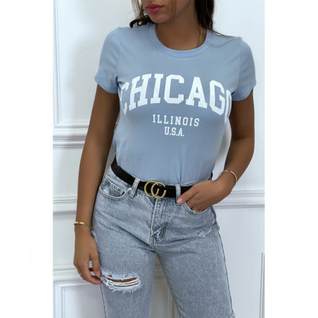 T-shirt turquoise en coton avec écriture CHICAGO. T-shirt femme