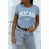 T-shirt turquoise en coton avec écriture CHICAGO. T-shirt femme