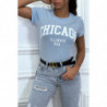 T-shirt turquoise en coton avec écriture CHICAGO. T-shirt femme