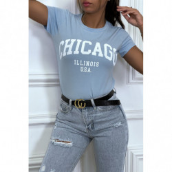 T-shirt turquoise en coton avec écriture CHICAGO. T-shirt femme