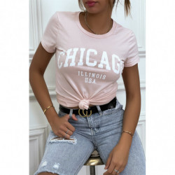 T-shirt rose en coton avec écriture CHICAGO. T-shirt femme