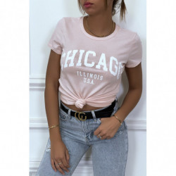 T-shirt rose en coton avec écriture CHICAGO. T-shirt femme