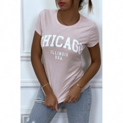 T-shirt rose en coton avec écriture CHICAGO. T-shirt femme