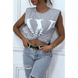 T-shirt gris avec épaulettes et écriture W. T-shirt femme en coton