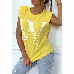 T-shirt jaune avec épaulettes et écriture W. T-shirt femme en coton