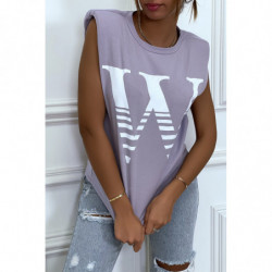 T-shirt lilas avec épaulettes et écriture W. T-shirt femme en coton