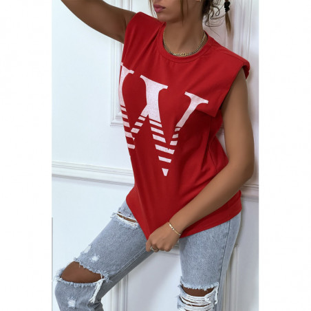 T-shirt rouge avec épaulettes et écriture W. T-shirt femme en coton