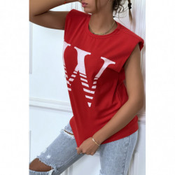 T-shirt rouge avec épaulettes et écriture W. T-shirt femme en coton