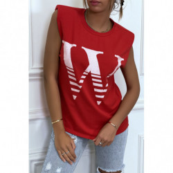 T-shirt rouge avec épaulettes et écriture W. T-shirt femme en coton