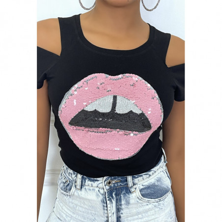 Tee-shirt noir dessin bouche en sequins avec epaules dénudées