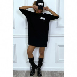 Tee-shirt oversize noir tendance, écriture "D/or", manche mi-longue