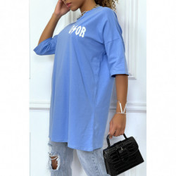 Tee-shirt oversize turquoise tendance, écriture "D/or", manche mi-longue