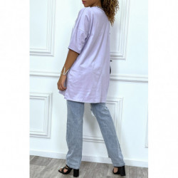 Tee-shirt oversize mauve tendance, écriture "D/or", manche mi-longue