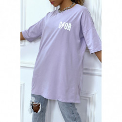 Tee-shirt oversize mauve tendance, écriture "D/or", manche mi-longue