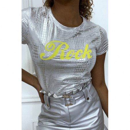 T-shirt blanc écriture  "Rock" en jaune effet serpent