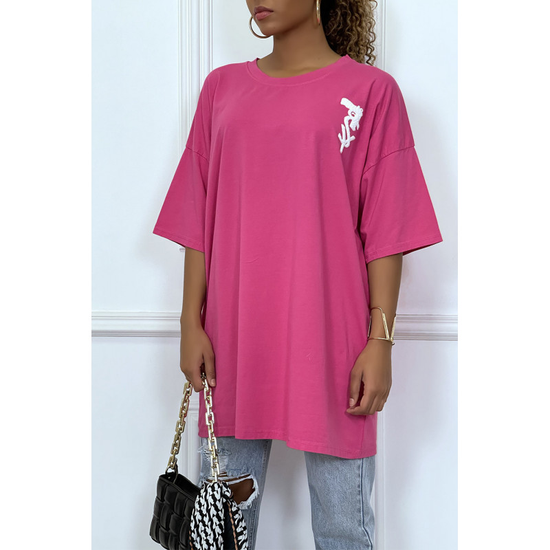 Tee-shirt oversize fuchsia tendance avec dessin en coton