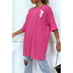 Tee-shirt oversize fuchsia tendance avec dessin en coton