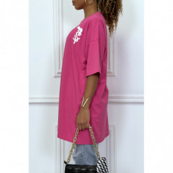 Tee-shirt oversize fuchsia tendance avec dessin en coton