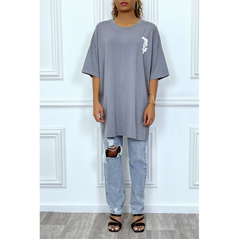 Tee-shirt oversize anthracite tendance avec dessin en coton