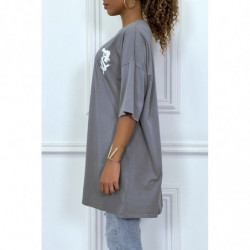 Tee-shirt oversize anthracite tendance avec dessin en coton