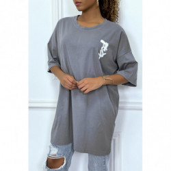 Tee-shirt oversize anthracite tendance avec dessin en coton