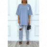 Tee-shirt oversize bleu tendance avec dessin en coton