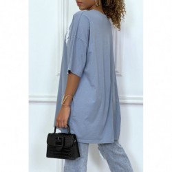 Tee-shirt oversize bleu tendance avec dessin en coton