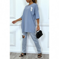 Tee-shirt oversize bleu tendance avec dessin en coton