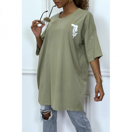 Tee-shirt oversize kaki tendance avec dessin en coton