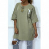 Tee-shirt oversize kaki tendance avec dessin en coton