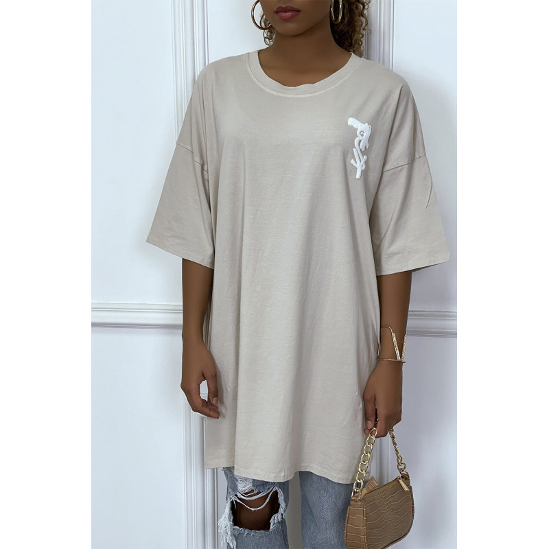 Tee-shirt oversize beige tendance avec dessin en coton