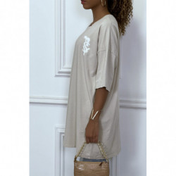 Tee-shirt oversize beige tendance avec dessin en coton