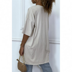 Tee-shirt oversize beige tendance avec dessin en coton