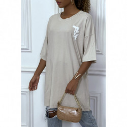 Tee-shirt oversize beige tendance avec dessin en coton