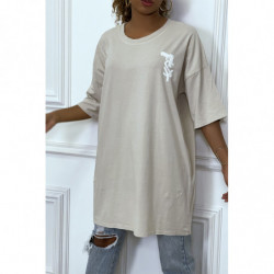 Tee-shirt oversize beige tendance avec dessin en coton