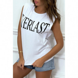 Tee-shirt sans manches blanc avec épaulettes, écriture "everlast"