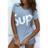 T-shirt écriture "sup" turquoise manches courtes