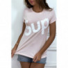 T-shirt écriture "sup"rose manches courtes