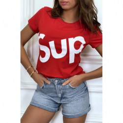 T-shirt écriture "sup" rouge manches courtes