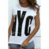 Tee-shirt sans manches blanc avec épaulettes, écriture "NYC"