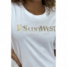 T-shirt blanc manches courtes avec écriture dorée "YeSaintWest"