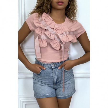 T-shirt rose manches courtes, avec des noeuds