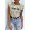 T-shirt doré blanc brillant motif python avec épaulettes et écriture WHOOPS