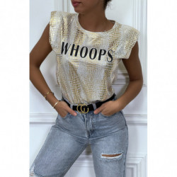 T-shirt doré blanc brillant motif python avec épaulettes et écriture WHOOPS