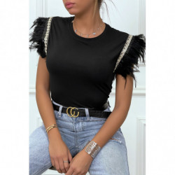 T-shirt noir sans manches avec plumes et détails doré