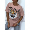 T-shirt ample rose avec "tête de tigre" et écriture, à manches courtes