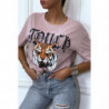 T-shirt ample lila avec "tête de tigre" et écriture, à manches courtes